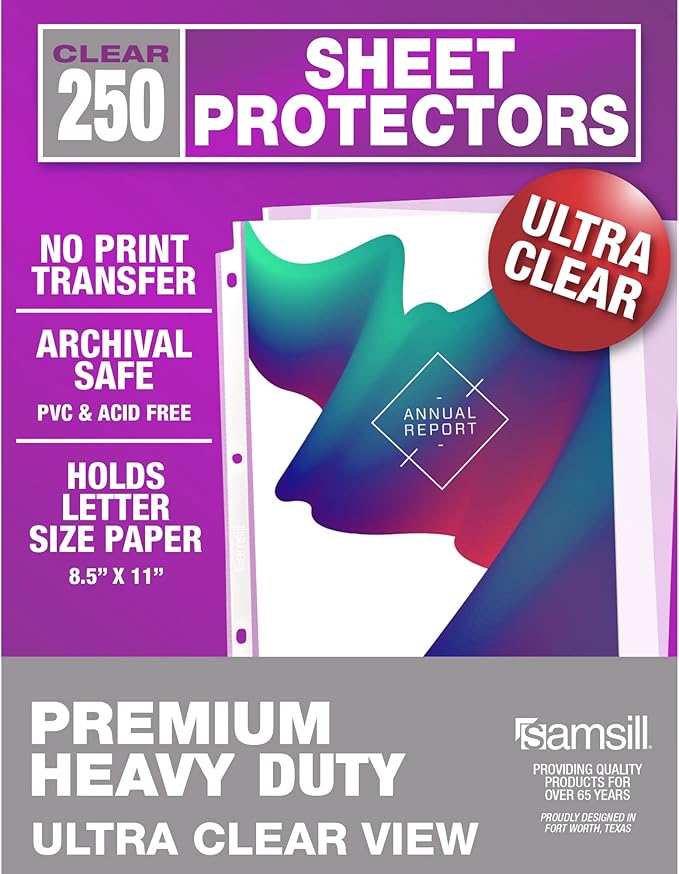 Samsill Ultra Clear Sheet Protectors, 250 Pack, 8.5x11 Inch Page Protectors for 3 Ring Binder, Premium Heavy Duty, Letter Size, Top Loading, Acid Free