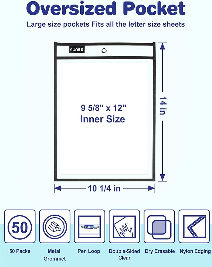 SUNEE 50 Packs Oversized Reusable Dry Erase Pocket Sleeves with 3 Rings, Black 10x14 Ticket Holders, Clear Plastic Sheet Protectors, Teacher School Classroom Supplies