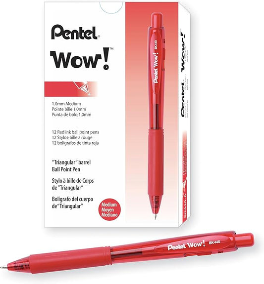 Pentel Wow! Retractable Ballpoint Pen, (1.0mm), Medium Line, Red Ink, Box of 12 (BK440-B)
