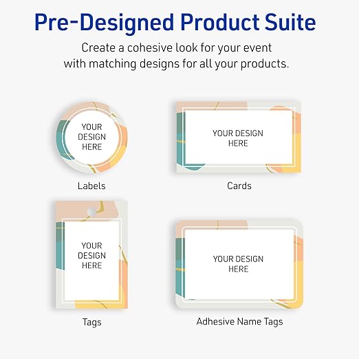 Avery Printable Adhesive Name Badges, 2-1/3" x 3-3/8", Pre-Printed Color Block with Metallic Gold Veins Design, Matte White, Laser & Inkjet Compatible, 80 Total
