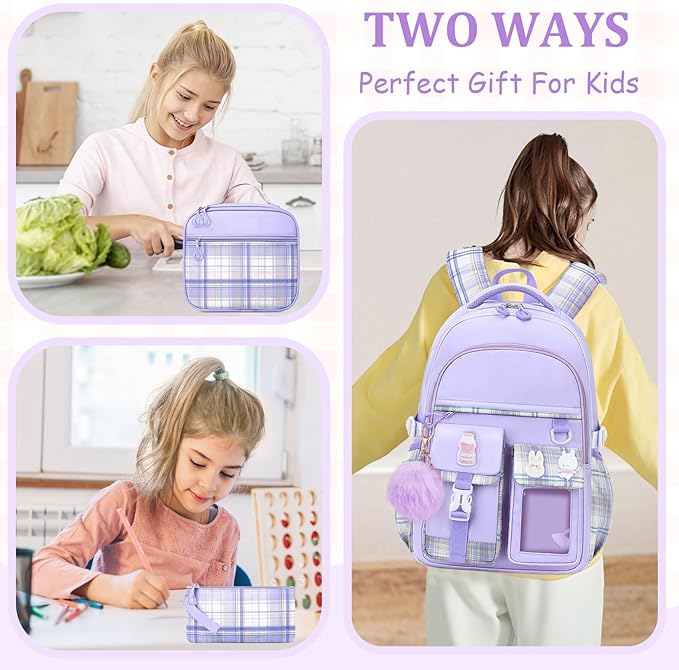 School Backpack for Girls - 5PCS Girls Backpack with Lunch Box Set for Elementary, Middle and High School Students - 18" Large Capacity School Bookbag with Multiple Pockets