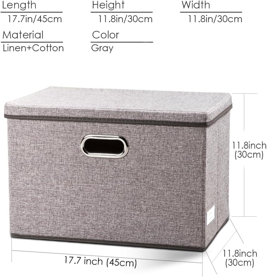 PRANDOM Large Foldable Storage Bin with Lid [1-Pack] Linen Fabric Decorative Storage Box Organizer Containers Basket Cube with Handles Divider for Bedroom Closet Office Living Room (17.7x11.8x11.8)