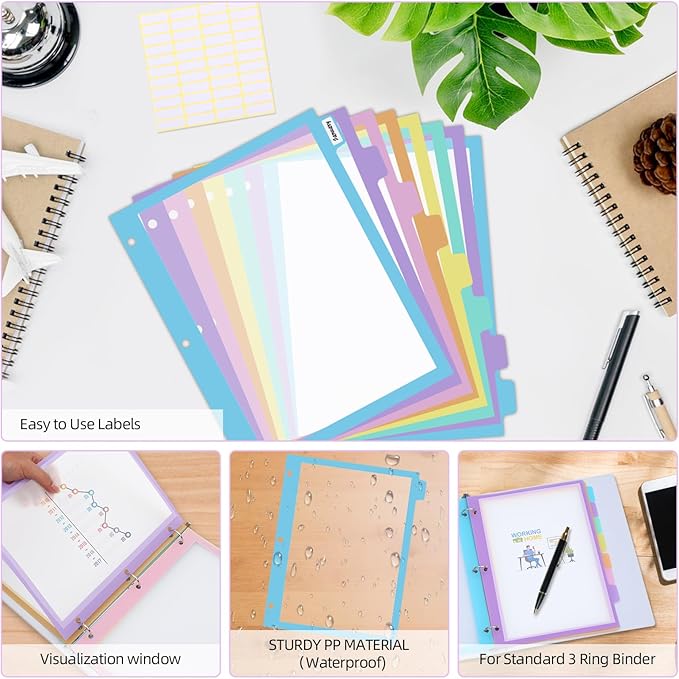 48Pcs/6 Set 8 Tab Dividers, Clear Plastic Binder Dividers with Tabs, for 3 Ring Binder, Letter Size, Multicolor