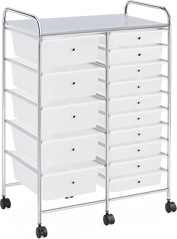 Yaheetech 15 Drawers Rolling Storage Cart Multipurpose Mobile Rolling Utility Storage Organizer Cart Tools Scrapbook Paper Organizer on Wheels, White