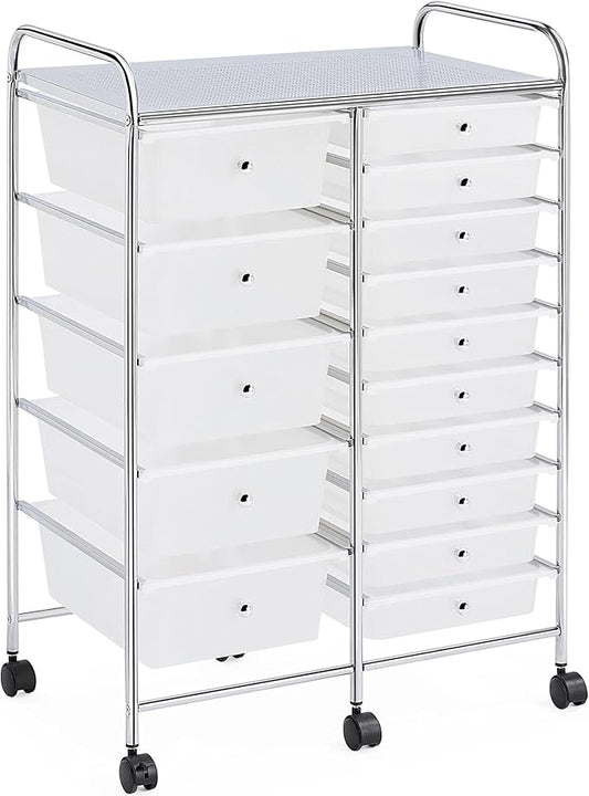 Yaheetech 15 Drawers Rolling Storage Cart Multipurpose Mobile Rolling Utility Storage Organizer Cart Tools Scrapbook Paper Organizer on Wheels, White