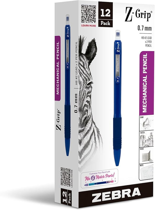 Zebra Pen, Z-Grip Mechanical Pencil, Smooth Writing, Latex-Free Grip, 0.7mm Lead, #2 HB, Pre-Loaded with Lead and Eraser, for School, Office, Everyday Use, Navy Barrels, 12-Pack, (50420)