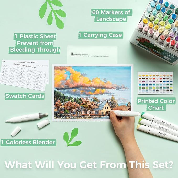 Ohuhu Alcohol Markers Double Tipped Slim Broad and Fine Art Marker for Artists Adult Coloring Drawing Landscape Sketch - 60 Colors Kaala Markers Refillable Art Pen Gift