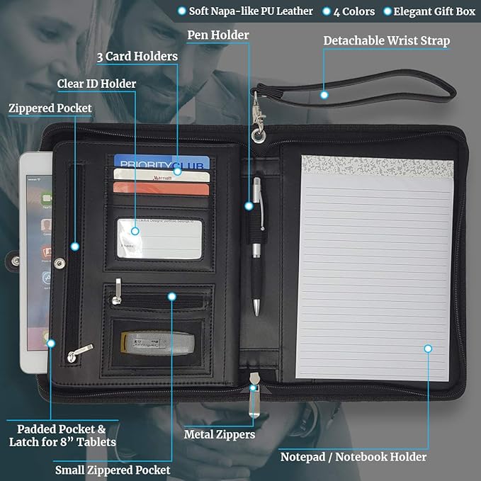 Customized Junior Zippered Leather Padfolio - Name/Logo Printed on Matt Black PU Leather Portfolio Binder & Organizer Folder with 8 Inch Tablet Sleeve & with Junior Legal Notepad