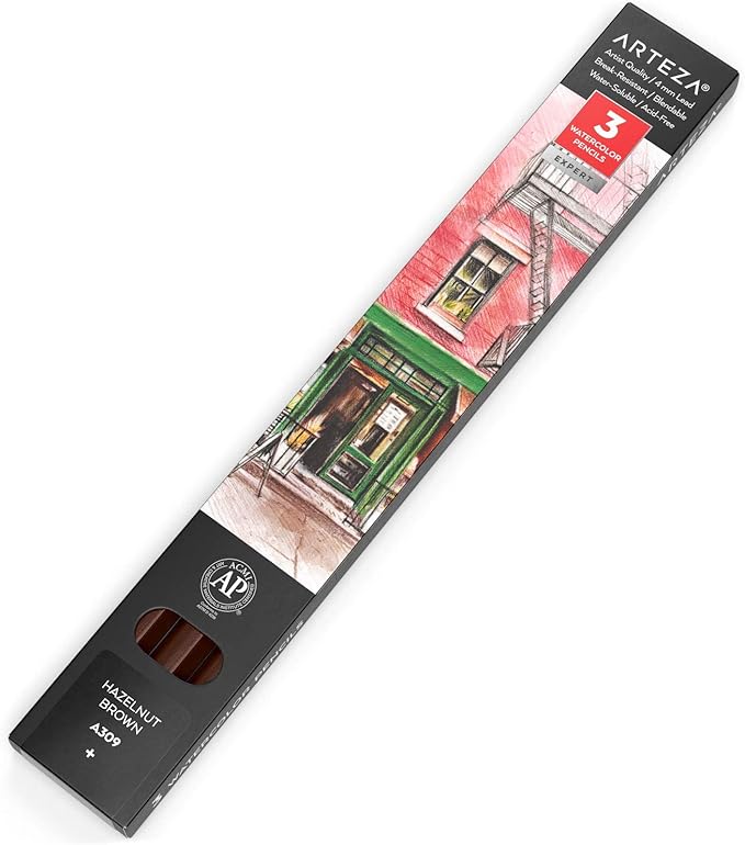 Arteza Professional Watercolor Pencils, Pack of 3, А309 Hazelnut Brown, Water-Soluble Pencils for Coloring, Blending, Layering & Watercolor Techniques