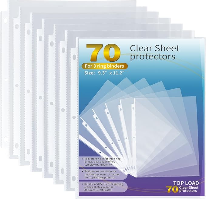 Tamaki Sheet Protectors for 3 Ring Binder, 70 Pack Premium Clear Page Protector 8.5 x 11 inch, Plastic Sleeves Top Loading Paper Sheets Document Sleeve Letter Size