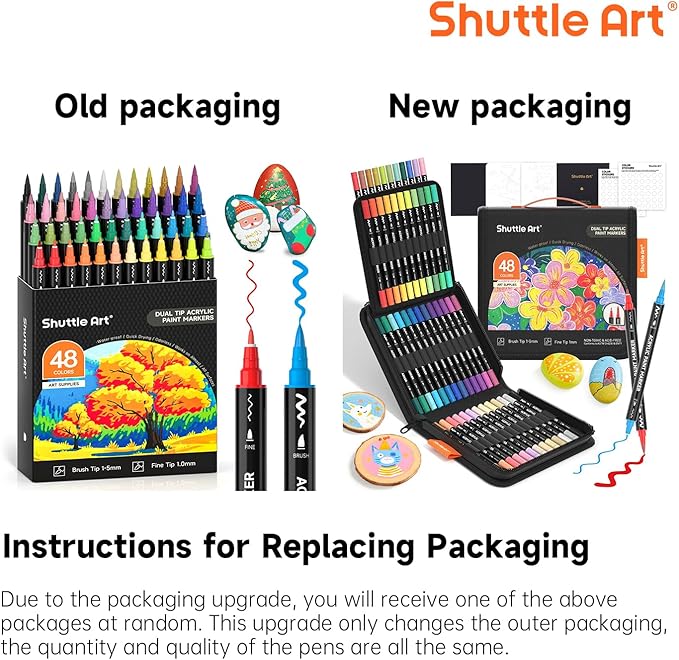 Shuttle Art 48 Colors Dual Tip Acrylic Paint Markers, Brush Tip and Fine Tip Acrylic Paint Pens for Rock, Ceramic, Wood, Canvas, Plastic, Glass, Stone, Calligraphy, Card Making, Crafts & Nail Art