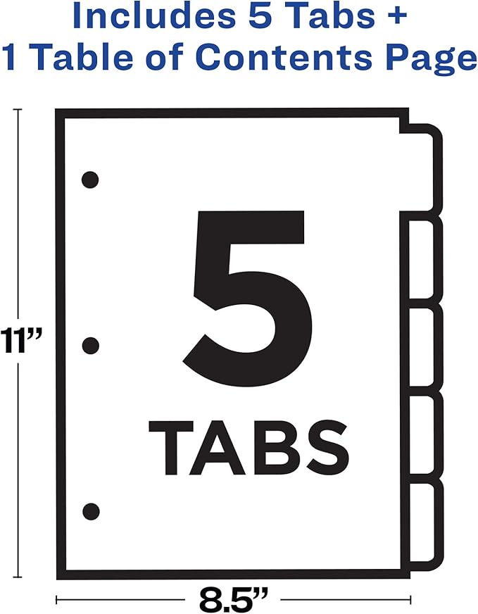 Avery Dividers for 3 Ring Binders, 5 Tabs per Set, Customizable Table of Contents, Multicolor Tabs, Great for Organizing Reports, Projects, and More (11131)
