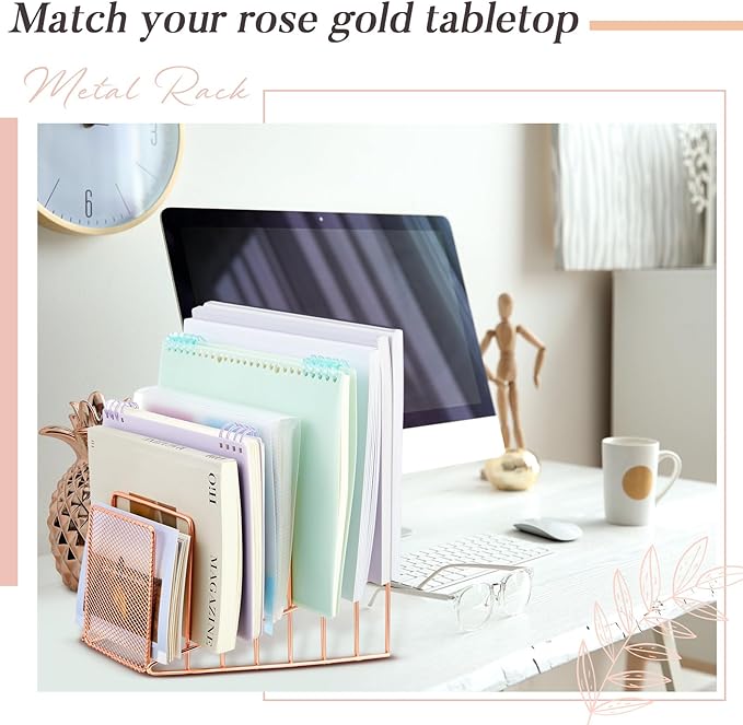 2 Pcs 7 Section Wire File Organizer for Desk, Metal Mesh Incline File Holder, Letter & Magazine Folder Rack, Desktop Paper Sorter for Home Office School (Rose Gold)