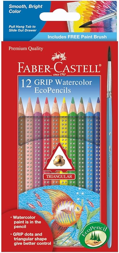 Faber-Castell Grip Watercolor EcoPencils: 12 Watercolor Pencils with Brush, Color Pencil Set, Art Supplies for Kids