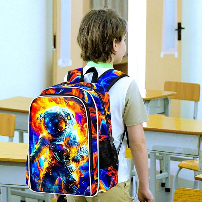 KLFVB 3PCS School Backpack for Kids, 17" Astronaut Backpack and Lunch Box, Water Resistant Teenagers School Backpacks for Middle Elementary - Flame Space Adventure