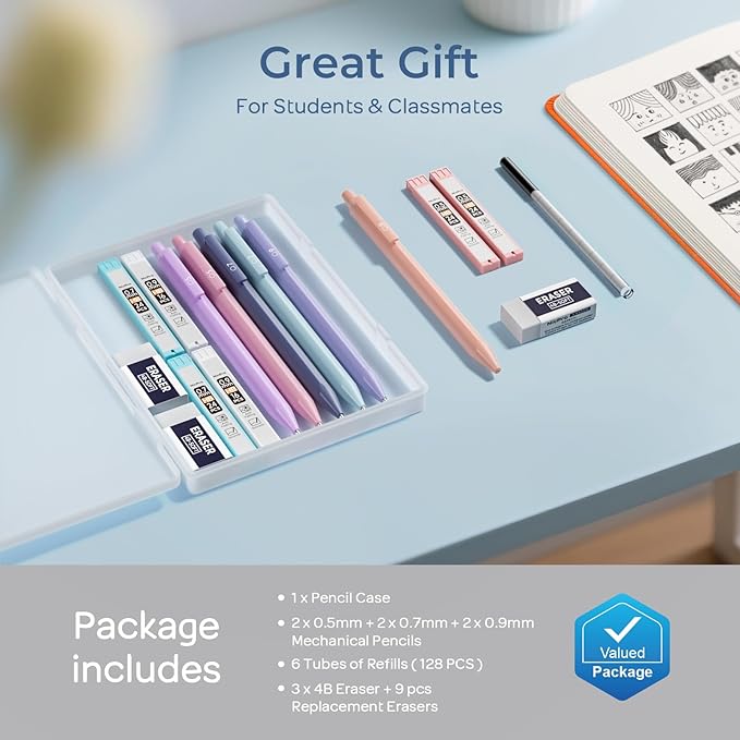 Nicpro 6PCS Pastel Mechanical Pencil Set with Case, Cute Drafting Pencils 0.5 mm & 0.7 mm & 0.9 mm with 6 Tubes HB Lead Refills, Erasers, Eraser Refills, Aesthetic School Supplies for Girls Writing