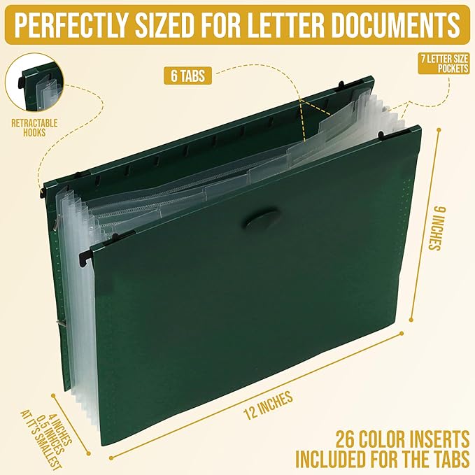 Iconikal 12-Pack Expanding Hanging File Folders with 7 Pockets, Portable Heavy-Duty Poly Organizers for Letter Size Documents, Retractable Hooks & Elastic Closure
