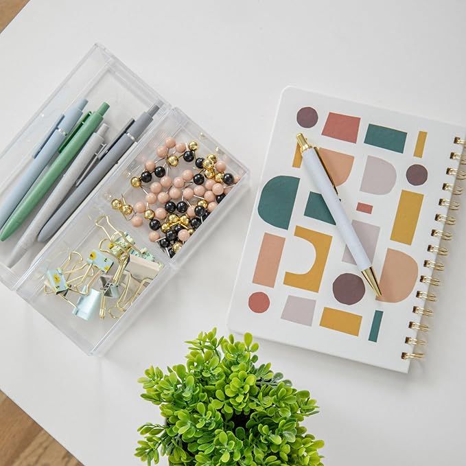 Martha Stewart Brody Desktop Storage Organizer, Stack and Slide Plastic Organizer Tray, Organizer for Office, Kitchen, or Vanity, 2-S, 1-M