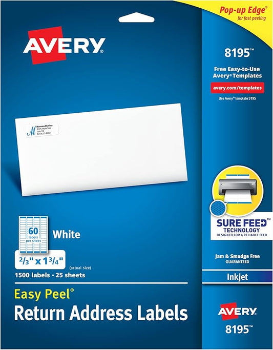 Avery Return Address Labels, Inkjet Printers, 1,500 Labels, 2/3 x 1-3/4, Permanent Adhesive, 5 Packs (8195)