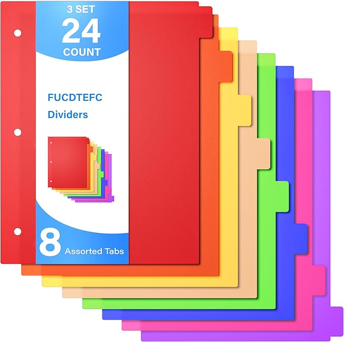 Binder Dividers with Tabs, 8 Tab Sturdy Plastic Dividers for 3 Ring Binder, Colorful Dividers for 3 Ring Binder Page Protectors, 3 Ring Binder Dividers with Tabs for School Office, 3 Set (24 Pcs)