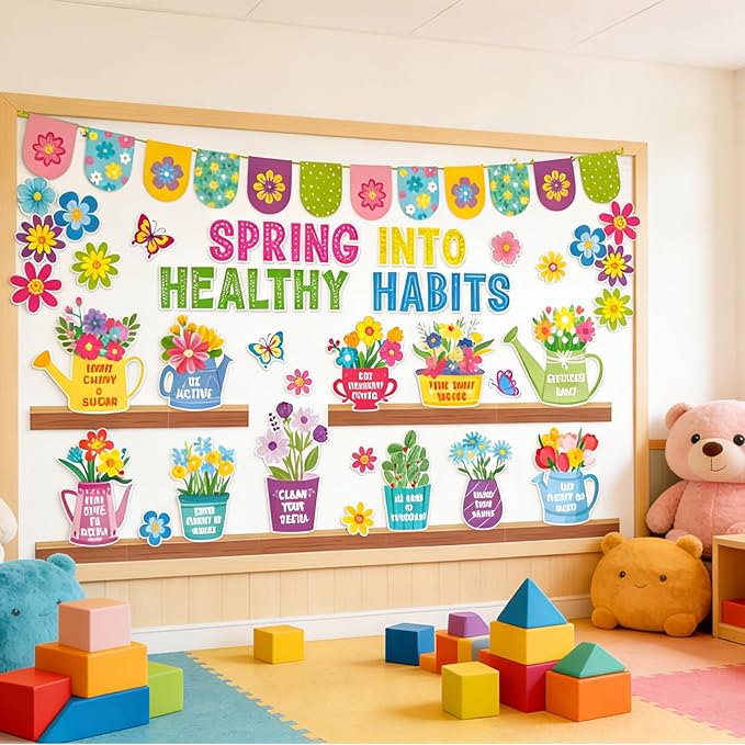 94 PCS Spring Bulletin Board Decoration - Flower Themed Classroom Decor Flower Bookshelf Bulletin Board Decor Spring into Healthy Habits for Offices Chalkboard Library Back to School Party Supplies