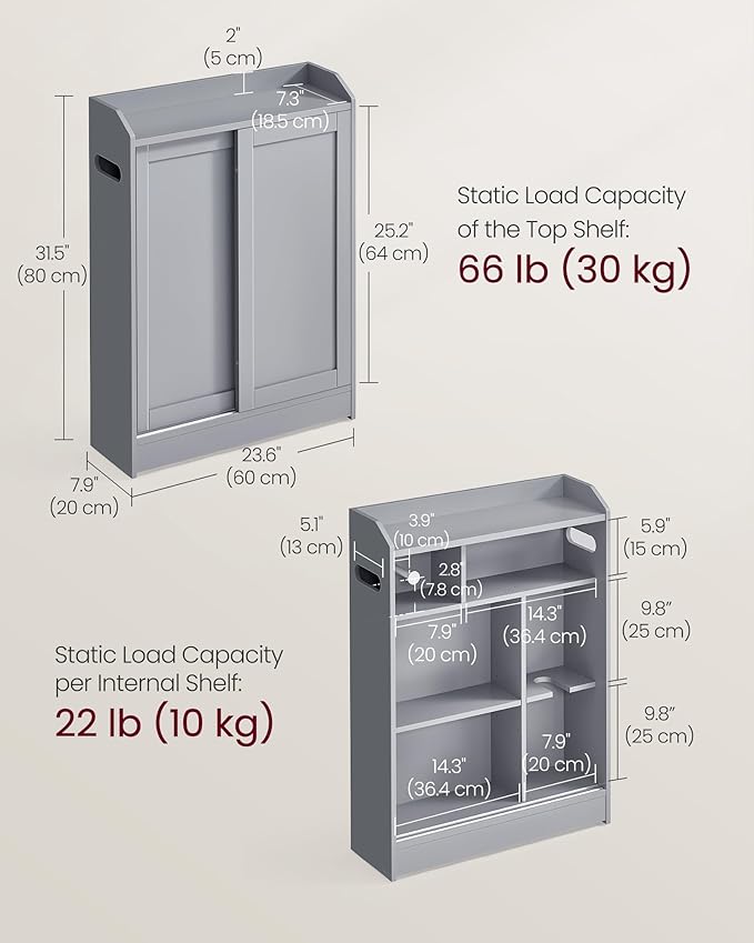 VASAGLE Narrow Storage Cabinet, Slim Floor Cabinet with Sliding Doors, Toilet Paper Holder and Brush Compartment, for Bathroom and Living Room, 7.9 x 23.6 x 31.5 Inches, Dove Gray UBBC752G02