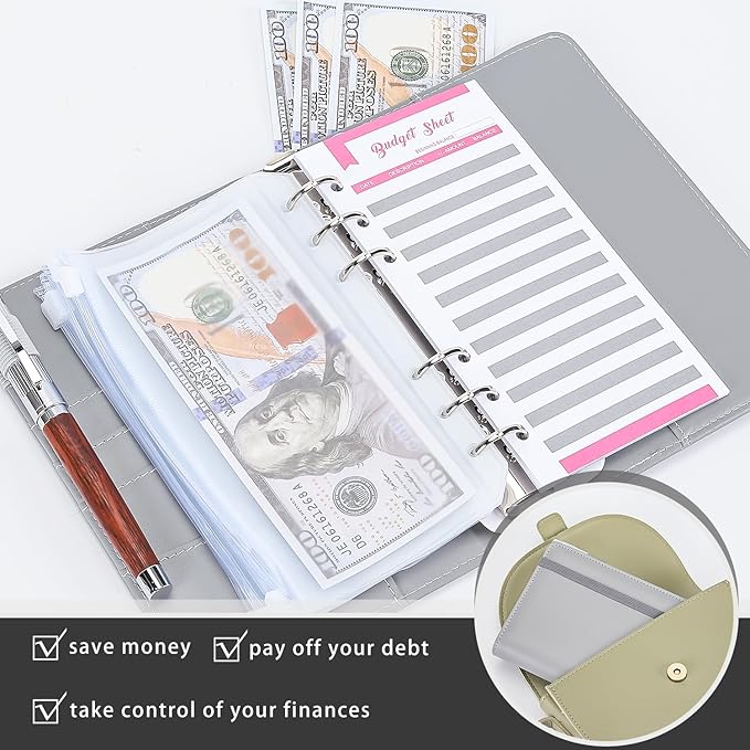 NICOOTHBudget Binder Cash Envelopes A6 Money Saving Binder with Zipper envelopes (Grey)