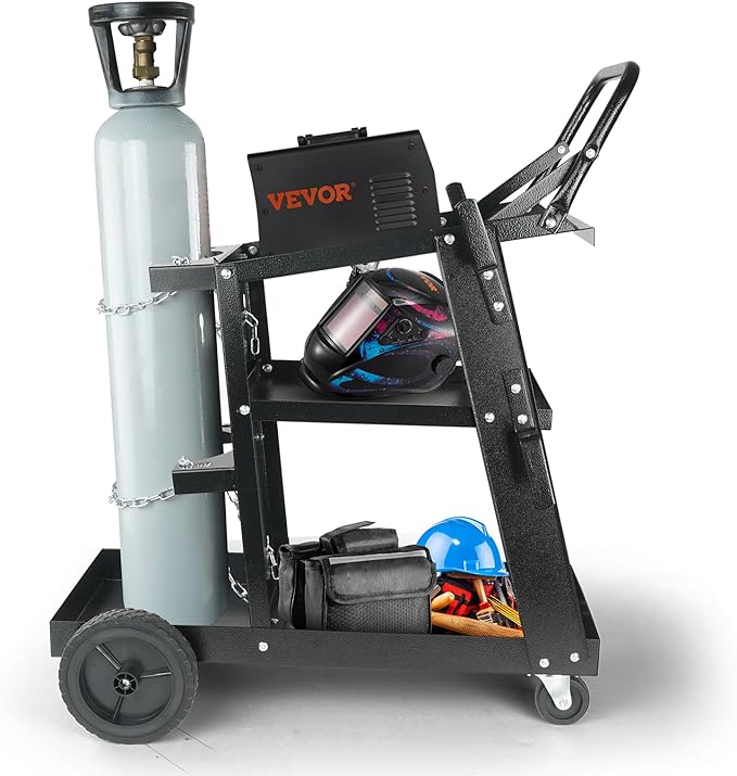 VEVOR Welding Cart, 3-Tier Welder Cart Heavy Duty with 400 Lbs Weight Capacity, 360° Swivel Wheels, Tank Storage Safety Chains, Rolling MIG Welder Cart for TIG, ARC, MMA, Plasma Cutter Welding Machine