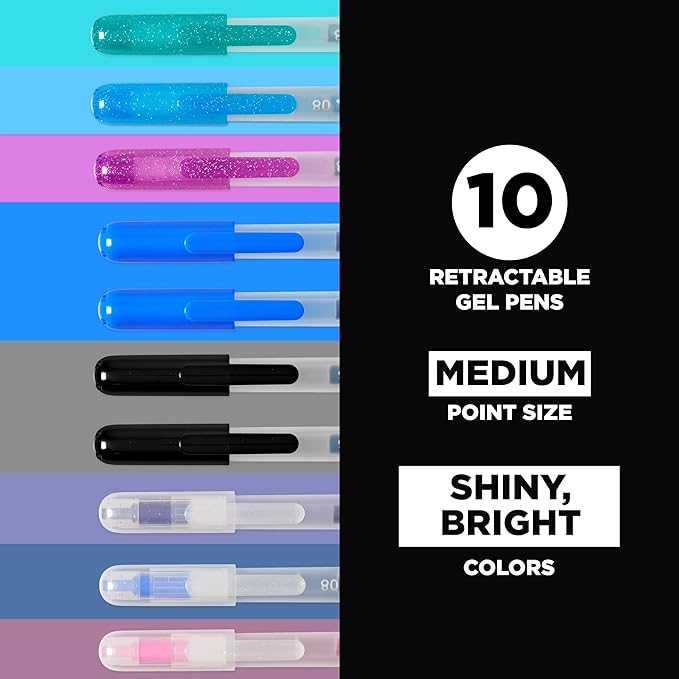 SAKURA Gelly Roll Retractable Gel Pens Colored - Sparkle Color Set - Art Gifts, Holiday Gifts & DIY Projects - Medium Point - With Glitter, Metallic, Blue & Black Pens - 10 Pack