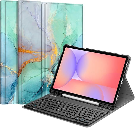 FINTIE Keyboard Case for Samsung Galaxy Tab S10 Lite/ S10 FE/ S9 FE 5G 10.9 Inch/Tab S9 11 Inch with S Pen Holder, Slim Stand Cover Detachable Wireless Bluetooth Keyboard, Emerald Marble