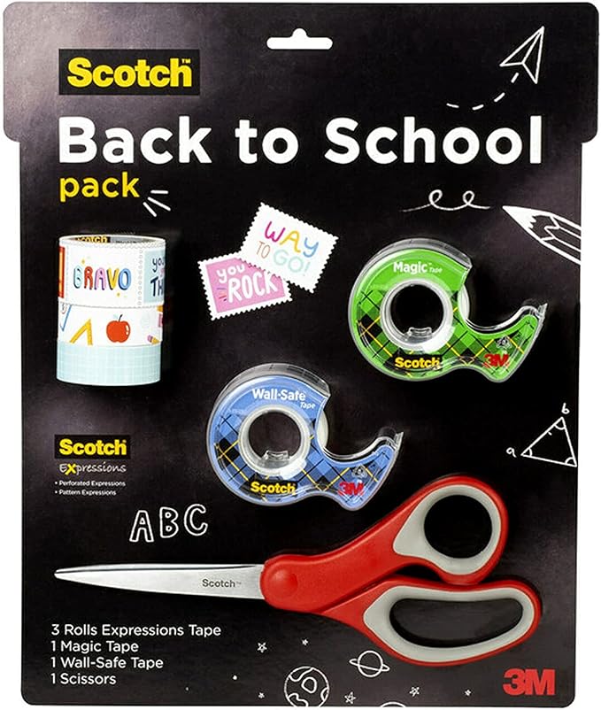 Scotch Back to School Pack, Includes 1 Pair Multi-Purpose Scissors, 3 Rolls Expressions Tapes, 1 Roll Magic Tape, and 1 Roll Wall-Safe Tape (BTSPKScotch-21)