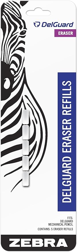 Zebra Pen DelGuard Mechanical Pencil Eraser Refills, Compatible with DelGuard Pencils, Durable Replacement Erasers for Long-Term Use, 5-Pack for School or Office Essentials (83225)