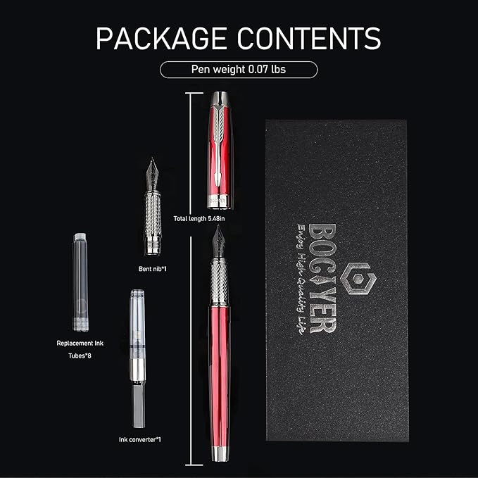 Fountain Pen with Fine Nib & Black Ink, Refillable & Elegant Bent Nib Design, Calligraphy Pens for Writing, Best Fountain Pen for Smooth & Fancy Writing (Red)