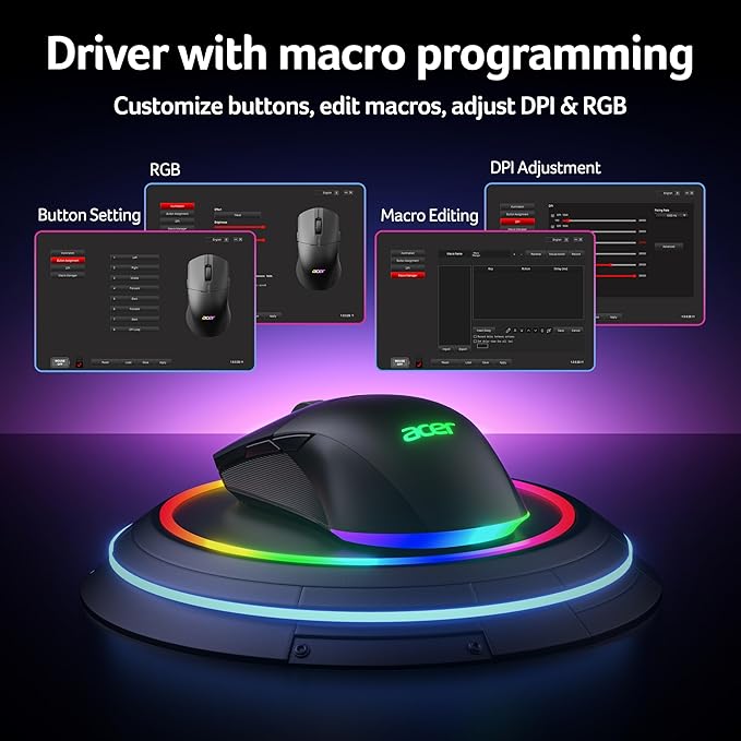 acer Wireless Gaming Mouse for Laptop, 24,000 DPI Wired Computer Mouse with 8 Programmable Buttons, Left & Right Hand, Rechargable Gaming Mice, Long Battery Life, RGB Lighting Gamer for PC, Desktop