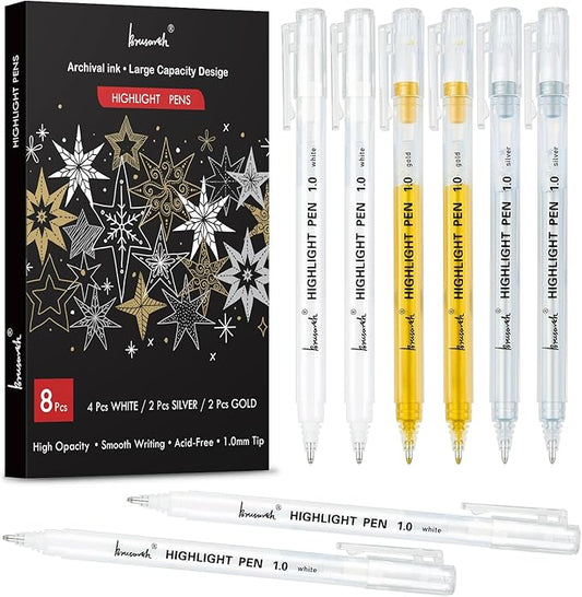 Gold Silver White Gel Pens, 1mm Fine Point Gel Ink Pen Opaque Archival Ink Pens for Black Paper Drawing, Sketching, Illustration, Card Making, Bullet Journaling, 8 Pack