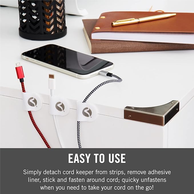 VELCRO Brand Cord Keepers | Charging Cord Organizer, Cord Holder for Nightstand, Desk | Removable Adhesive Backing | Soft Nylon Cable Clips | 5pk, White