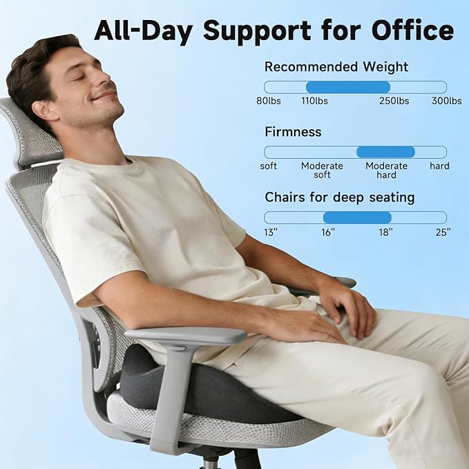 Ergonomic Seat Cushion for Office Chair, Large U-Shaped Memory Foam Chair Cushion for Tailbone, Coccyx, Hip & Lower Back Pressure Relief, Comfortable Desk Chair Pad for Office, Gaming & Long Sitting