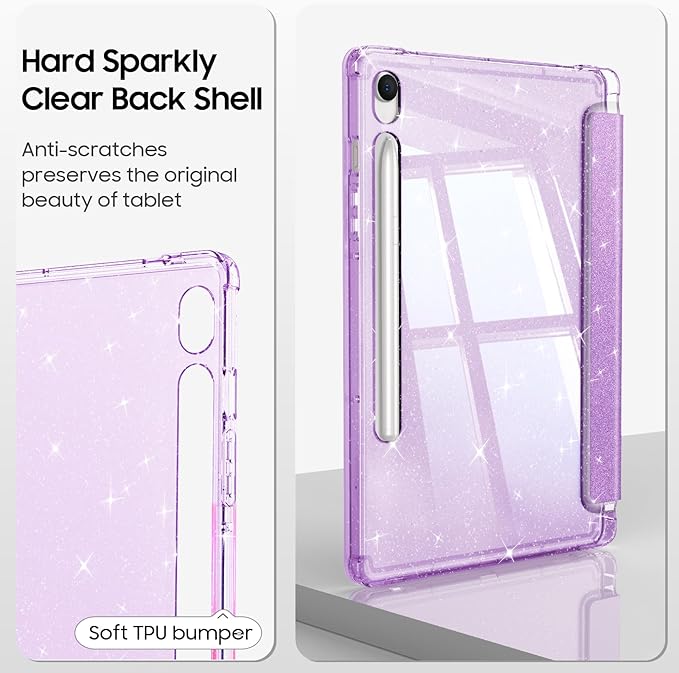 Fintie Slim Case for Samsung Galaxy Tab S10 Lite/ S10 FE/ S9 FE 5G 10.9 Inch/Tab S9 11 Inch with S Pen Holder, Glittering Sparkly Shockproof Cover with Shiny Clear Back Shell, Auto Wake/Sleep, Purple