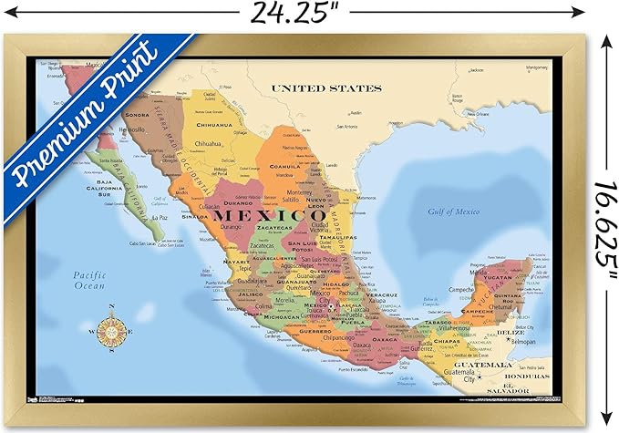 Trends International Map - Mexico Wall Poster, 14.725" x 22.375", Gold Framed Version