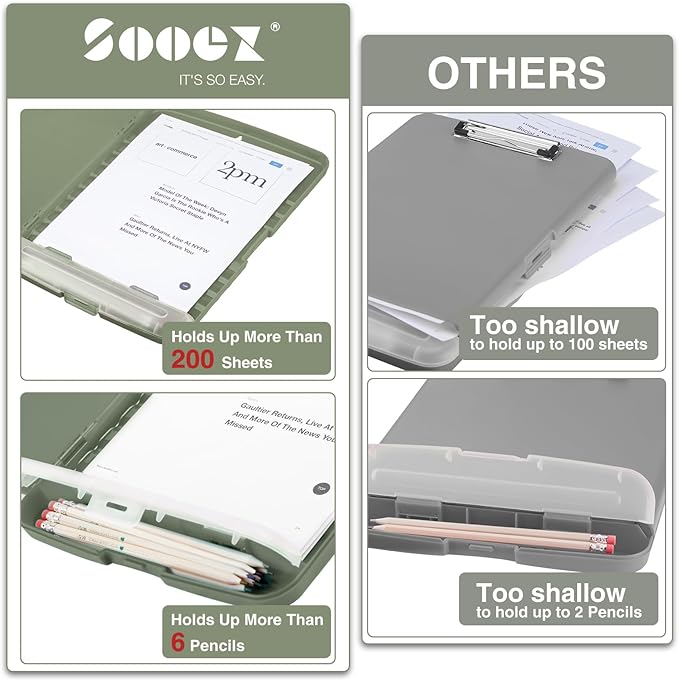 Sooez Clipboard with Storage, Clip Board 8.5 x 11 with Pen Holder, Plastic Organization Case Box for Letter Legal A4 Size Paper, Low Profile Clip, Nurses Teachers Must Haves, School & Office Supplies