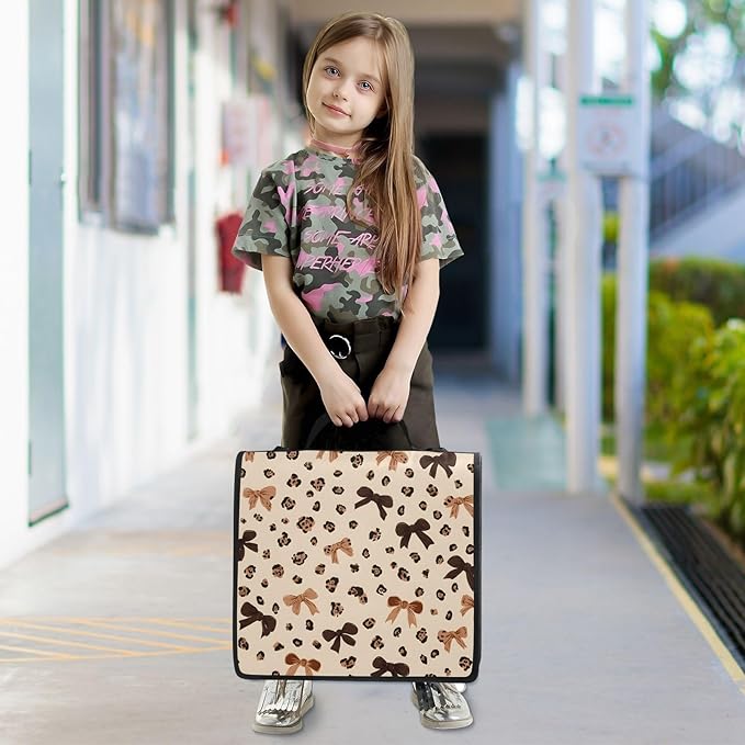 3 Ring Zipper Binder with Shoulder Strap Leopard Print Bow Pattern 1.5 inch Binders Keeper Large Capacity Multi Pockets for School Office Supplies