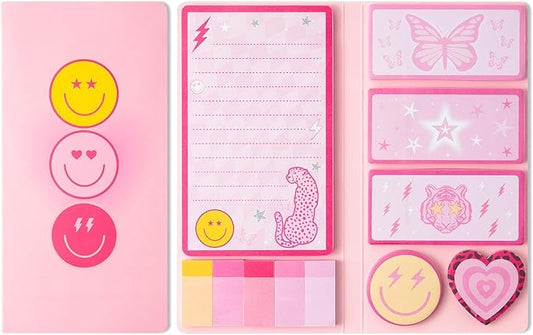 L1rabe Preppy Sticky Notes Set - Back to School 550 Sheets Y2K Smile Face Self-Stick Notes Pads Pink Divider Tabs Bundle Writing Memo Pads for Preppy Students Teacher Girls Woman Birthday Gifts