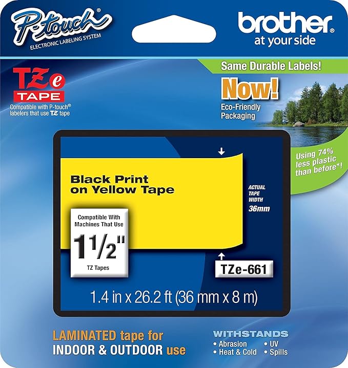 Brother Genuine P-Touch TZE-661 Tape, 1 1/2" (36 mm) Standard Laminated P-Touch Tape, Black on Yellow, for Indoor or Outdoor Use, Water-Resistant, 26.2 ft (8 m), Single-Pack