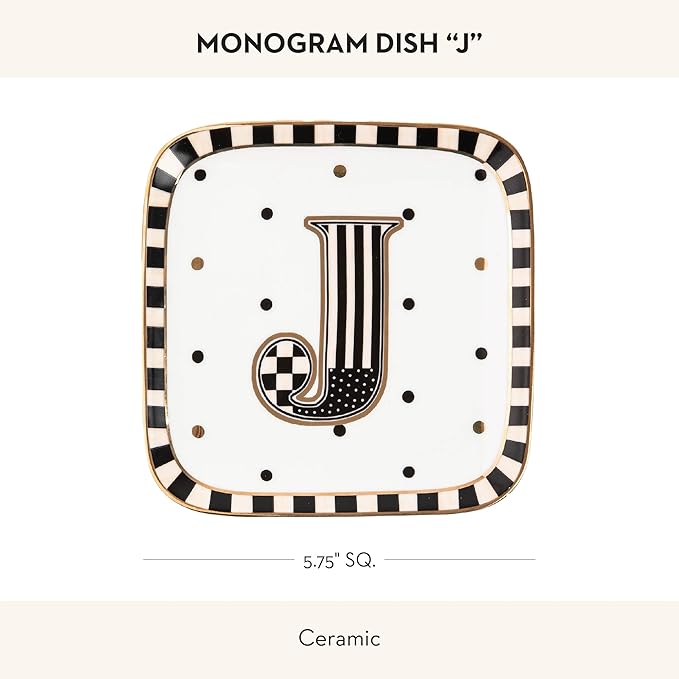 MACKENZIE-CHILDS Monogram Dish, Decorative Ceramic Letter Plate, 5 3/4" Square, J