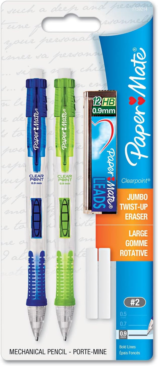 Paper Mate 1759214 Clear Point Mechanical Pencil Starter Set, 0.9 mm, Lime Green, Royal Blue, 2/Set
