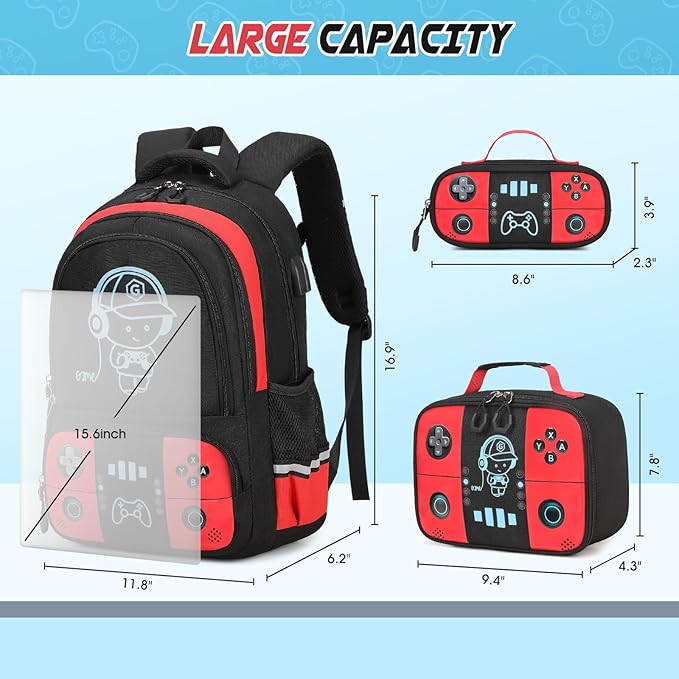 Bevalsa Backpack for School Boys, Cool Luminous Gamer Boys Backpack with Lunch Box & Pencil Pouch Set for Kids Children Teens Elementary Middle Schools, Schoolbag Bookbag Glow In The Dark (Red)