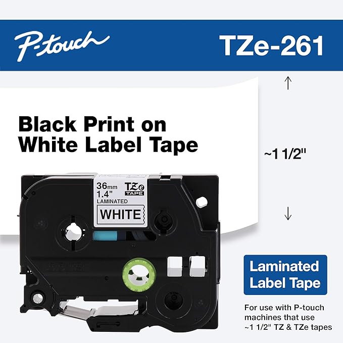 Brother Genuine P-Touch TZE-261 Tape, 1 1/2" (36 mm) Standard Laminated P-Touch Tape, Black on White, Laminated for Indoor or Outdoor Use, Water-Resistant, 26.2 ft (8 m), Single-Pack