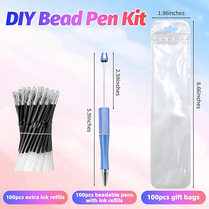 300 Pieces DIY Beadable Pen Kit – 100 Plastic Ballpoint Pens with Refills & Bags – School Supplies, Office Accessories & Decorative Items for Students & Teachers (Blue)