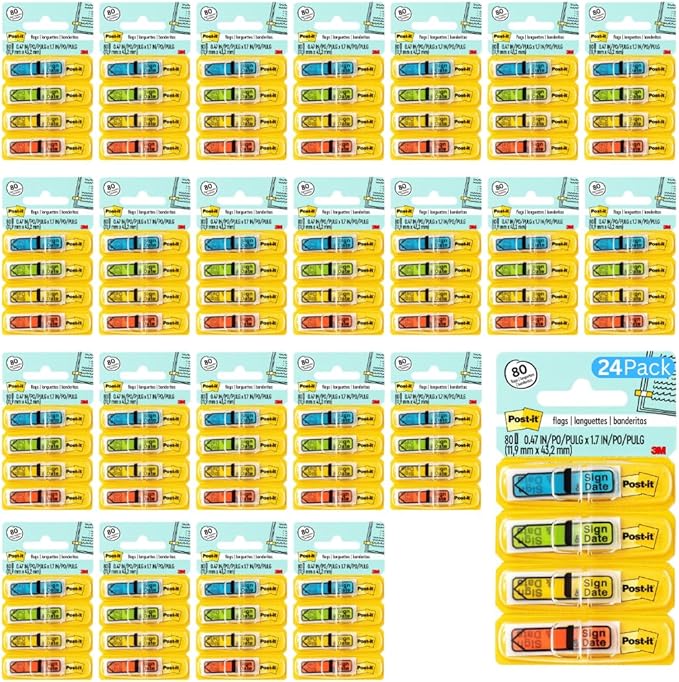 Post-it Message Flags, Sign and Date, 30/Dispenser, 4 Dispensers/Pack, .47 in Wide, Assorted Colors (684-SD) (24 Pack)