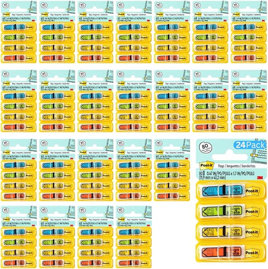 Post-it Message Flags, Sign and Date, 30/Dispenser, 4 Dispensers/Pack, .47 in Wide, Assorted Colors (684-SD) (24 Pack)